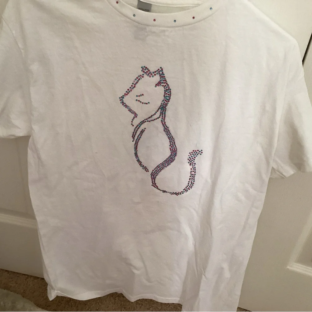 Hand Crafted Rhinestone Cat Tee - White and Teal